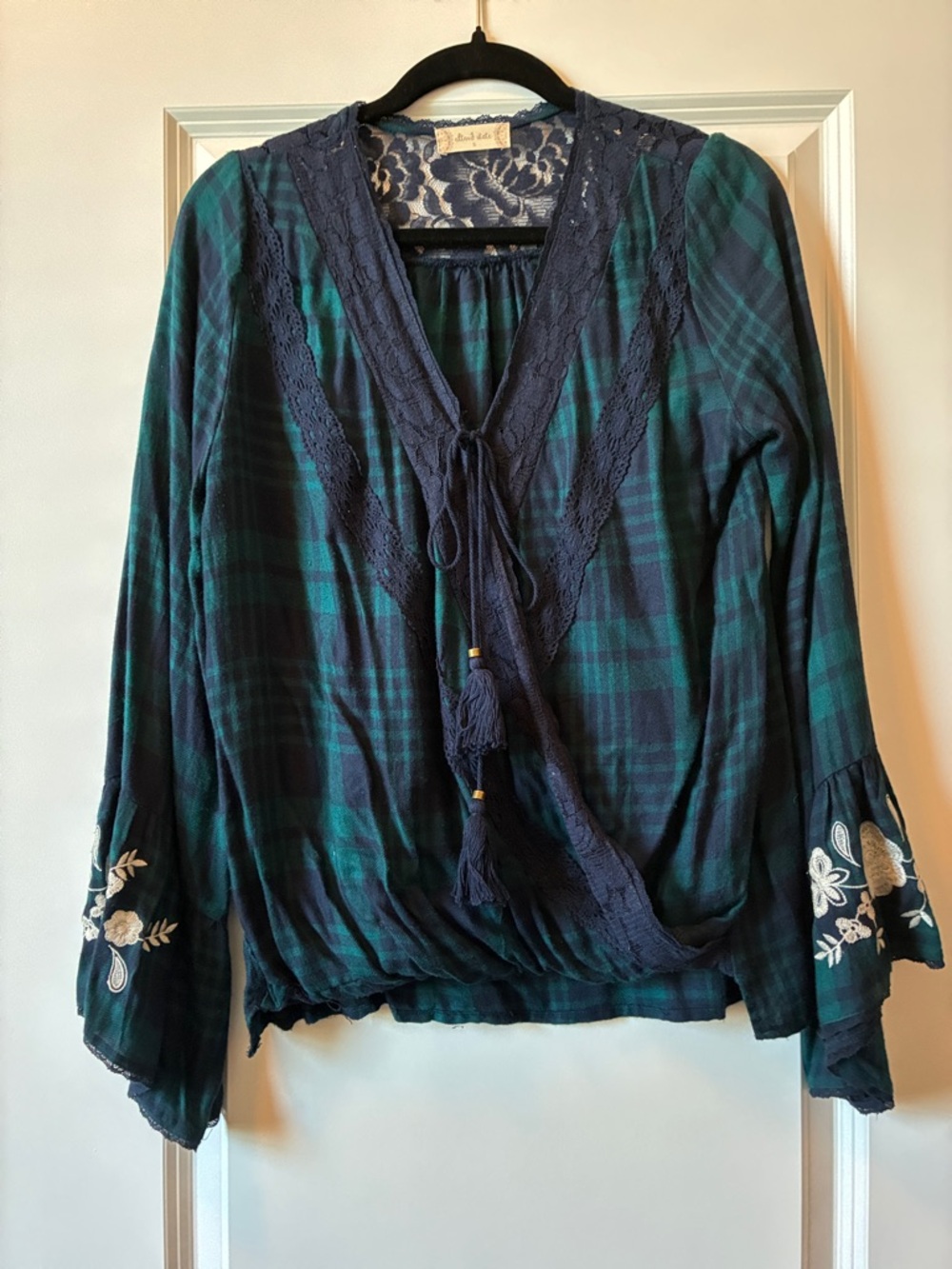 Altar'd State Dark Green & Black Plaid Embroidered Tie-Front Blouse